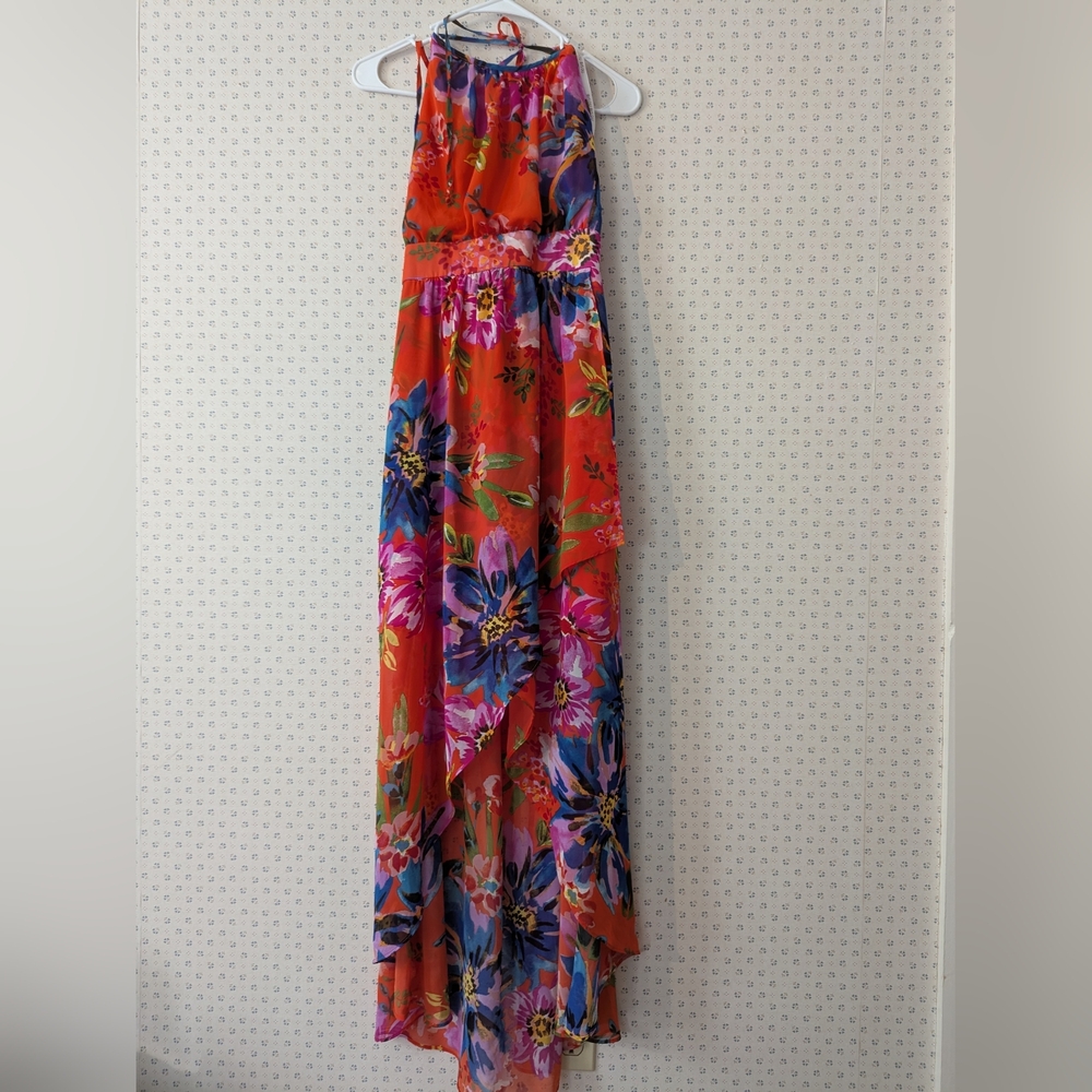 🧡 Bisou Bisou 12 Dress Vibrant Floral Halter Smock Assymetrical Mini Maxi Sheer